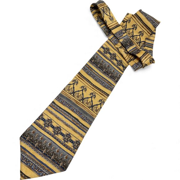 Roundtree & Yorke Silk Tie Baroque Gold Blue Ornate Handmade - Picture 2 of 6